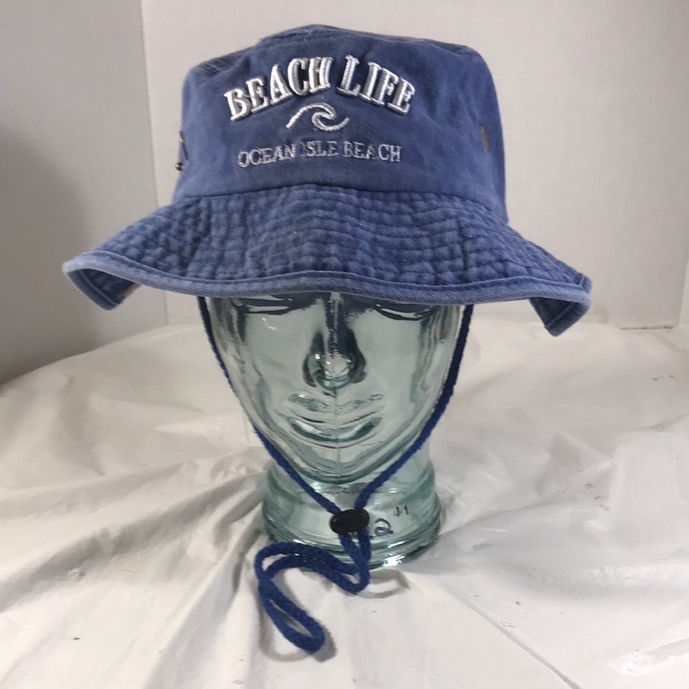 Lucky 7 USA Blue Denim Beach Life Ocean Isle Beach Snaps & String Sun Bucket Hat
